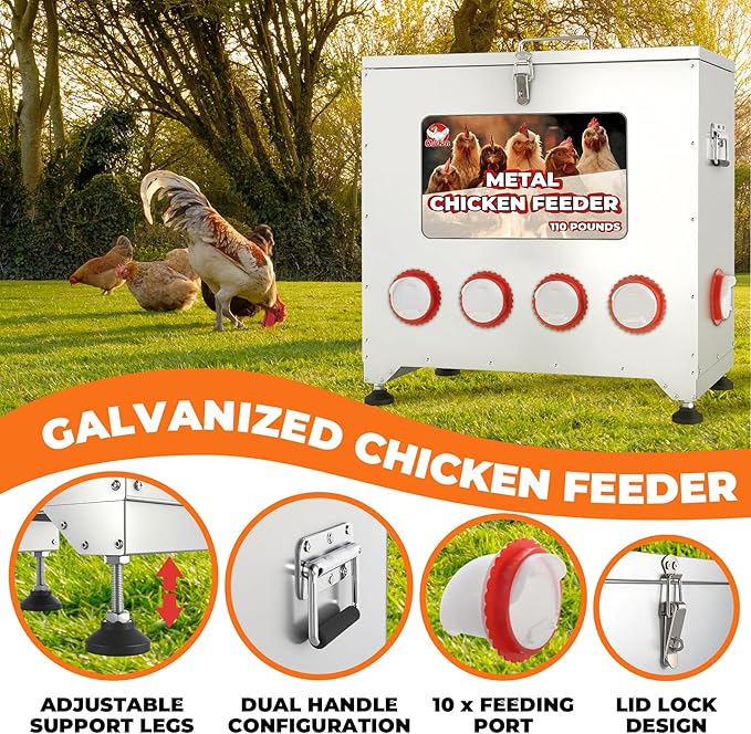 110 lbs Chicken Feeder No Waste-10 Port Large Chicken Feeder with Adjustable Height,Locking Lid,Rainproof-Metal Poultry Feeders for Chickens (Sliver, 23.76 * 22.78 in)