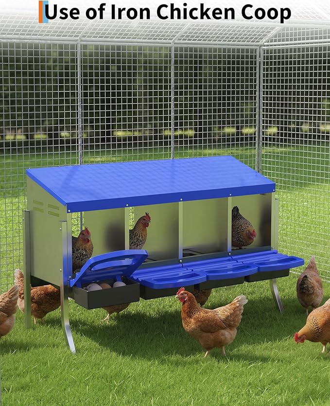 Chicken Nesting Boxes, 4 Hole Metal Rollaway Nest Box for Laying Hens with Cleanable Pull-Out Trays Wall Mount or Placed Design for Easy Egg Collection & Cleaning(Includes Legs)
