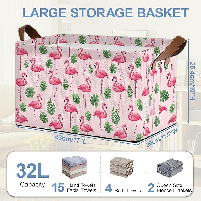 Flamingo Storage Baskets,Palm Leaves Tropical Foldable Organizer Bin with Handles for Home Living Room Bedroom Closet Box 17x11.5x10Inch