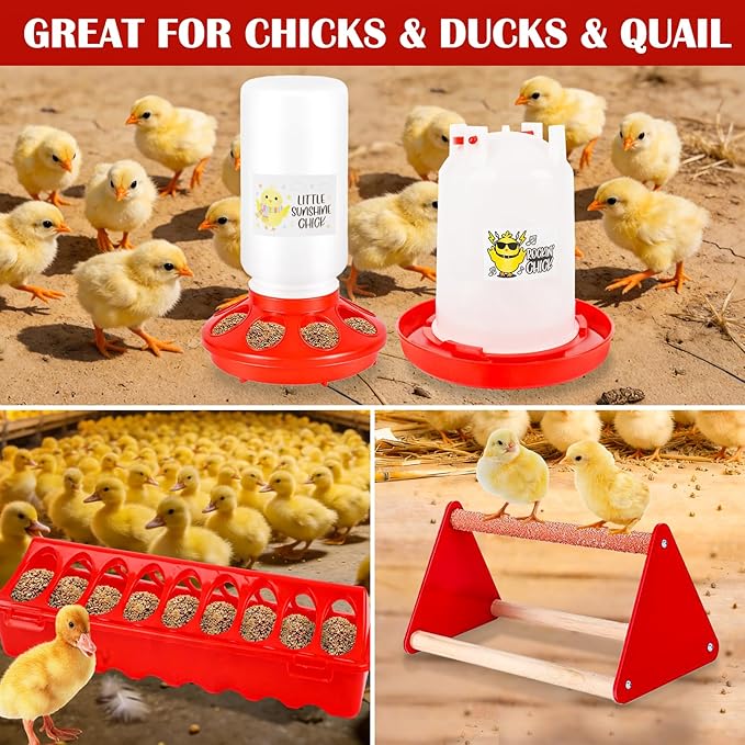 Chick Feeder and Waterer Kit with Chick Perch, Cool Chick Feeder and Waterer Set, Baby Chick Starter Kit with Chick Perch for Small Poultry Chicks Ducks Quail Pigeons Birds(RED)