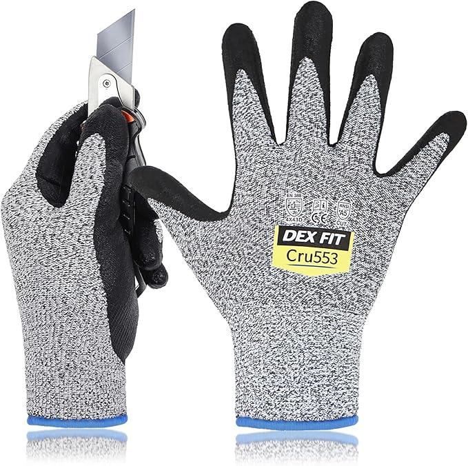 DEX FIT Level 5 Cut Resistant Gloves Cru553, 3D-Comfort Fit, Firm Grip, Thin & Lightweight, Touch-Screen Compatible, Durable, Breathable & Cool, Machine Washable; Grey L (9) 1 Pair