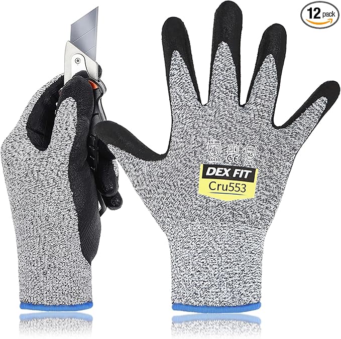 DEX FIT Level 5 Cut Resistant Gloves Cru553, 3D-Comfort Stretchy Fit, Power Grip, Professional Grade, Thin, Touch-Screen Compatible, Durable, Machine Washable; Gray L (9) 12 Pairs