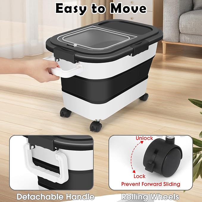 Dog Food Storage Container, 20Lbs Large Collapsible Pet Cat Food Container with Airtight Lids Wheels Handle Scoop Measuring Cup Small Container, Rice Kitchen Dry Food Storage Dispenser Bin (Black)