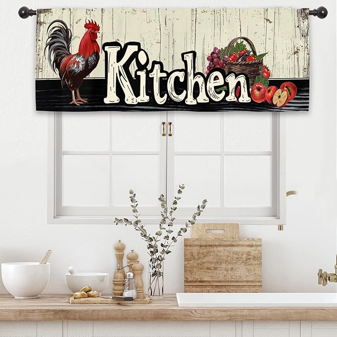 Rooster Chicken Kitchen Curtain Valance 54W x 18L Inch Farmhouse Rustic Country Rural Wood Wooden Fruit Rod Pocket Short Cafe Small Window Treatment Drapes Decor
