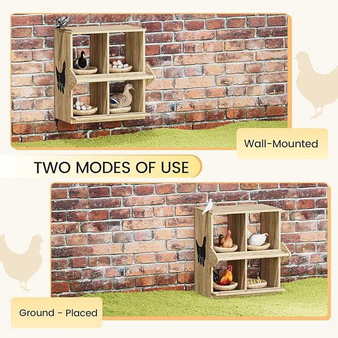 Chicken Nesting Box, 4 Compartment Wooden Nesting Boxes for Chickens with Perches, Floor/Stand/Wall Mount Large Chicken Nesting Boxes for Small & Medium Poultry