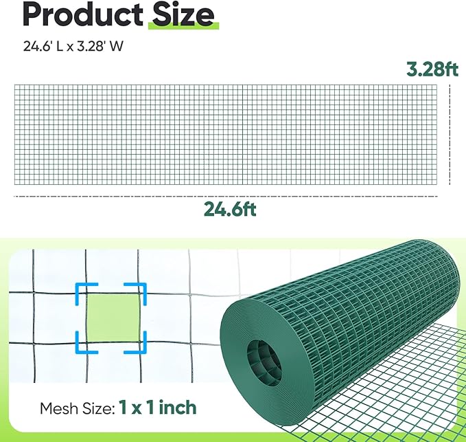 Quictent 3.3 x 25 FT Hardware Cloth for Chicken Coop, 1 inch 20 Gauge Dark Green Vinyl Coated Chicken Wire Mesh, Predator Proof Chicken Fence, Garden Netting