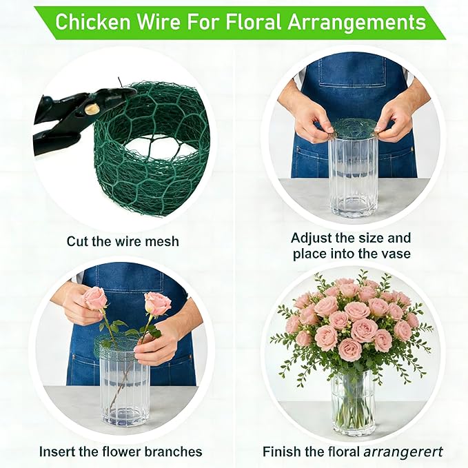 2Pcs Floral Chicken Wire for Floral Arrangements for Reinforce Chicken Wire Fencing 4 x 118 Inch Hexagonal Galvanized Mesh Fence Includes Gloves Ties & Cutter