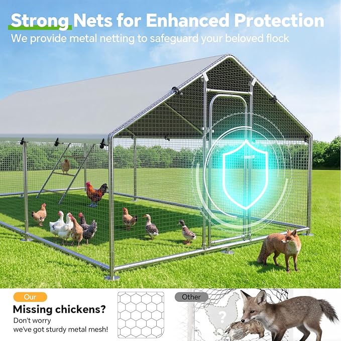 Large Metal Chicken Coop Run with Roosting Perch, Outdoor Poultry Cage with Waterproof & UV-Resistant Cover for Chickens, Ducks, Rabbits in Yard or Farm Use, Spire Roof(8.9'W x17.7'L x 6.6'H)