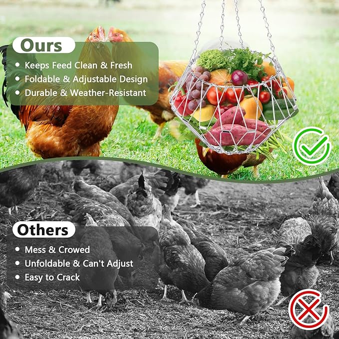Chicken Vegetable Hanging Feeder, 9.2in Chicken Treat Dispenser, Foldable Chicken Toys for Coop with 4Pcs Hanging Stainless Chain, Veggie Treat Ball for Chicken,Hens,Duck,Rabbit, (1PCS)