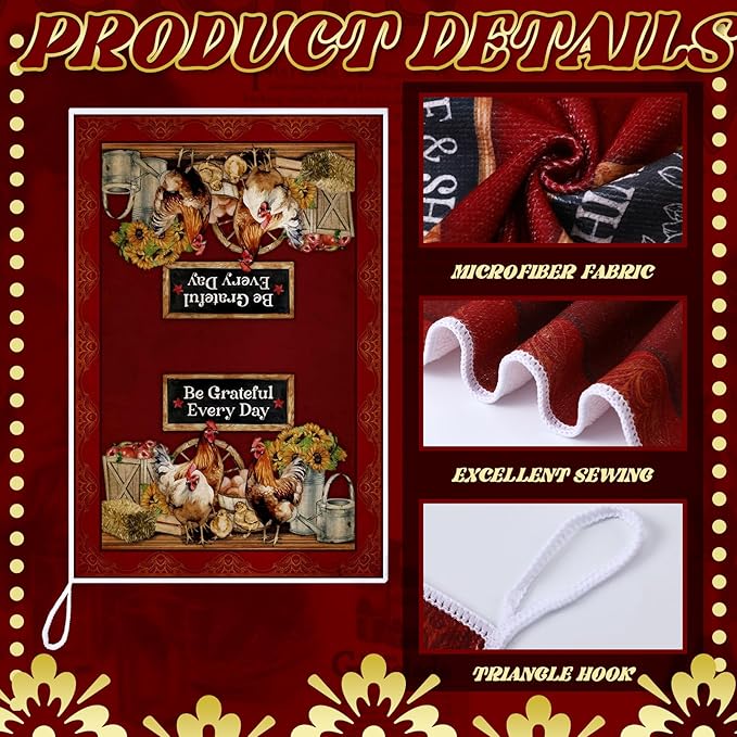Bencailor 6 Pcs Farmhouse Kitchen Towels Chicken Rooster Kitchen Decor Farm Animal Hand Towels for Cooking Baking Housewarming Gift,15.75 x 23.62 inch(Deep Red,Rooster Hen)