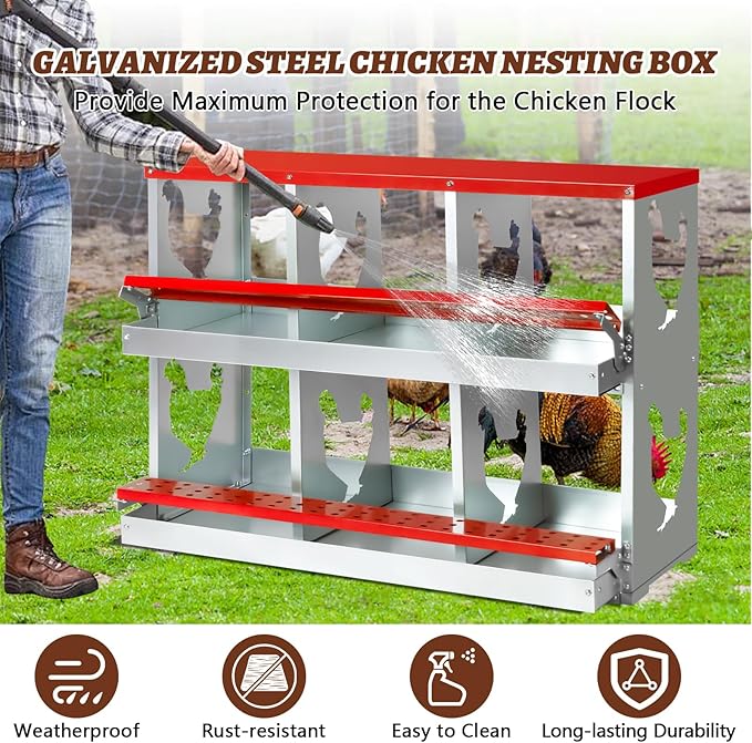 Chicken Nesting Box,Heavy Duty Metal Nest Boxes,6 Hole Roll Away Nesting Boxes,with Large Vented Holes,Wall-Mountable Chicken Coop Nesting Boxes,for Chickens,Ducks,Large Egg Boxes (Red 6 Hole)