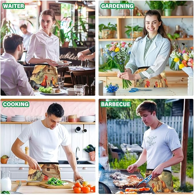 Farm Chickens 3-Pocket Server Apron Professional Waist Apron for Waitress, Bartender & Restaurants, Water-Resistant Half Apron for Men Women