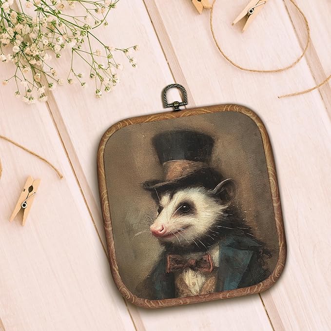 Hxlac Vintage Opossum Rectangular Wall Art Framed, Dark Moody Opossum Rectangular Wall Decor, Rustic Farm Animal Hanging Canvas Prints Wall Sculptures for Home Living Room Bedroom Decor, 5.7×6.5 Inch