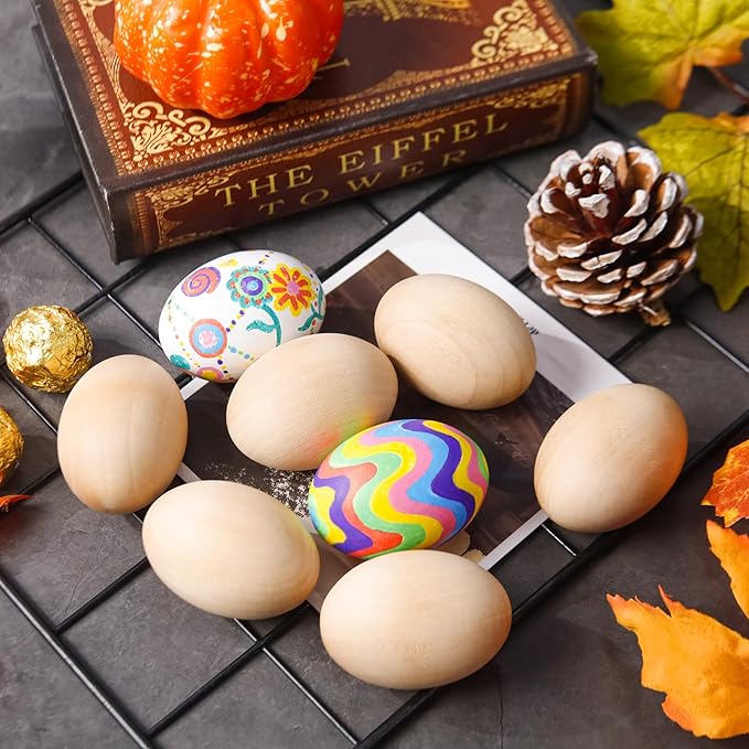 YunKo 6Pcs Wooden Easter Eggs Fake Wood Easter Unfinished Eggs to Paint for Crafts Home Decor