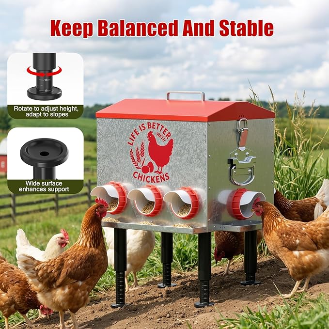 Pawaboo 55LBS Large Capacity Automatic Chicken Feeder - 2026 Upgraded No Waste Poultry Feeder, 7 Feeding Ports, Viewable Feed Level Window, Height-Adjustable Legs + Wobble-Free Stability