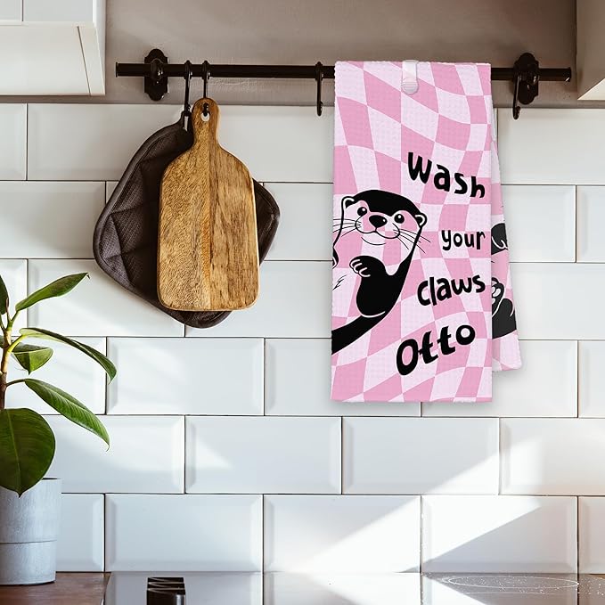 Cute Otter Pink Bathroom Kitchen Towels, Wash Your Claws Hand Towel for Girly Teens Room, Funny Gifts for Otter Lovers, Trendy Preppy Checkered Dish Towels Decor for Dorm Home 16x24in