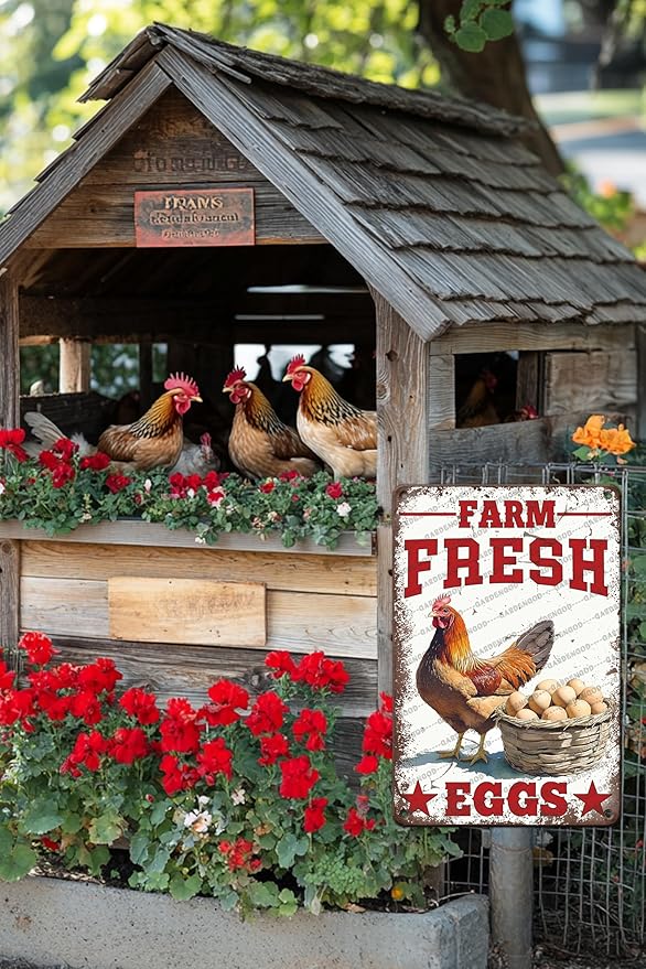 Vintage Chicken Farm Metal Sign Farm Fresh Eggs Metal Poster Home Garden Garage Bathroom Farmhouse Aluminium Sign Art Wall Decor Plaque 16x12 Inch