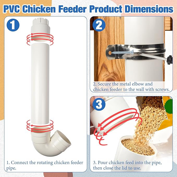 HOMAR 3PC Automatic Chicken Feeder - No Waste, 6lb Large Capacity Heavy Duty Rat Proof PVC Pipe Hanging Gravity Feeder for Chicken Coop Poultry Long Feeding