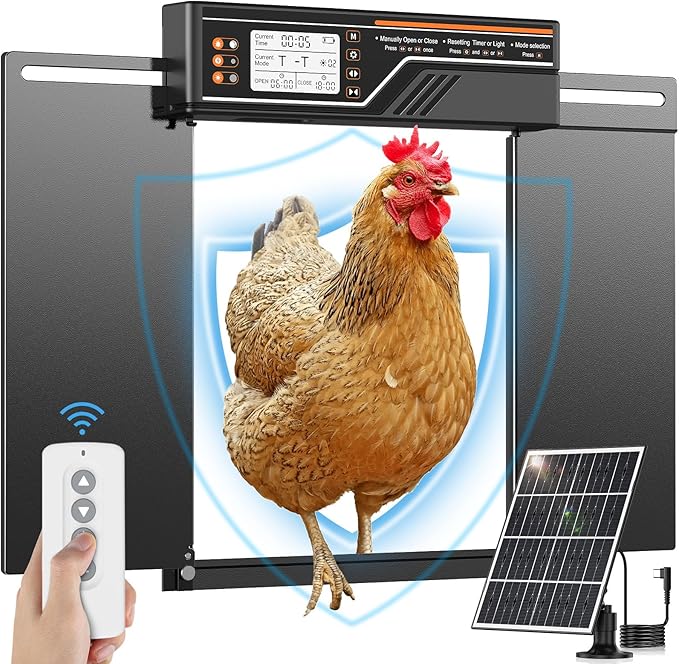 Large Automatic Chicken Coop Door Solar Powered, 4Modes Aluminum Horizontally Dual-Door Design with Timer & Light Sensor, Auto Chicken Door with Remote Control, Excellent Anti-Pinch & Easy to Program