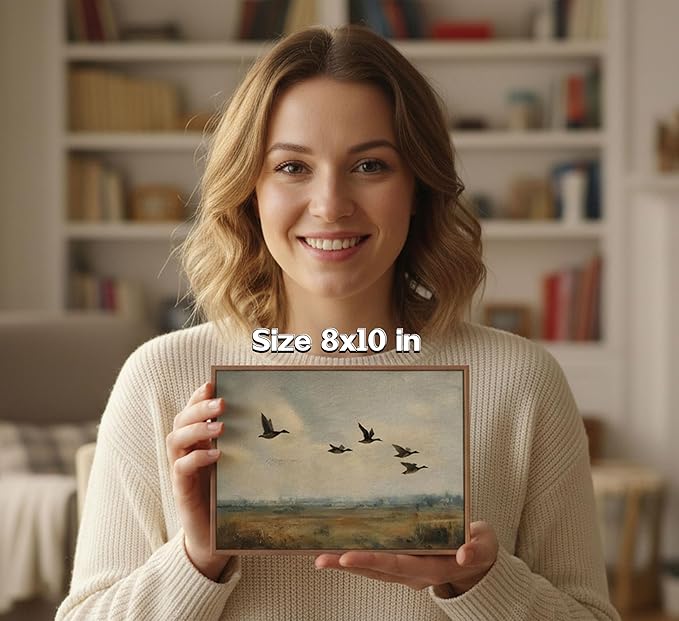 Framed Vintage Flying Duck Wall Art Wildlife Canvas Poster Print Natural Wilderness Picture Retro Wild Duck Painting Artwork Wall Decor for Bedroom Living Room Kitchen 8x10in