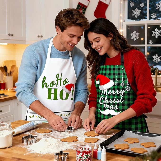 4Pcs Christmas Aprons Set - Adjustable Holiday Aprons with Christmas Tree, Stocking, Snowman for Family, Festive Kitchen Decor & Christmas Party Supplies