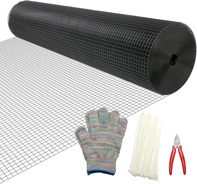 Black Hardware Cloth 1/2in 48inx100ft, Chicken Wire Fencing, PVC Coated Metal Welded Wire Mesh Roll, for Rabbit Snake Groundhog Gopher Netting Cage Vegetable Garden Fence Animal Barrier
