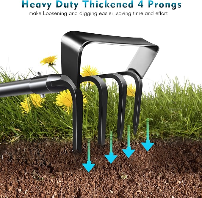 Hoe Garden Tools, 51Inch Gardening Tools for Weeding, Heavy Duty Stainless Steel 4 Tine Hand Garden Rake Cultivator, for Flower Beds, Patio, Garden Loosening Soil Weeding Digging