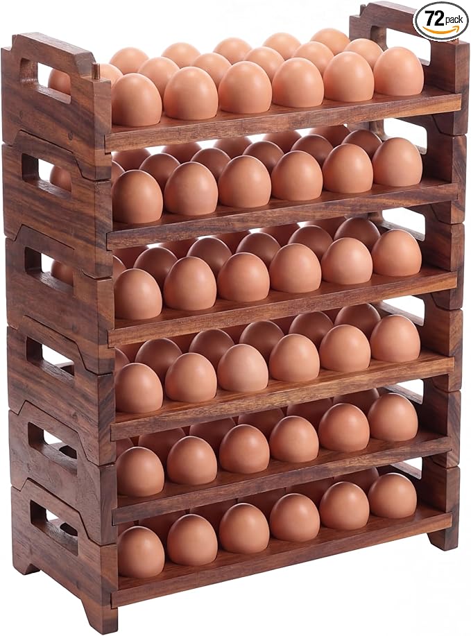 Maxcheck 6-Tier Stackable Acacia Wood Egg Holder, Large Capacity for 72 Eggs, Countertop Storage Rack with Handles for Kitchen Organization and Fridge, Farmhouse Easter Egg Display