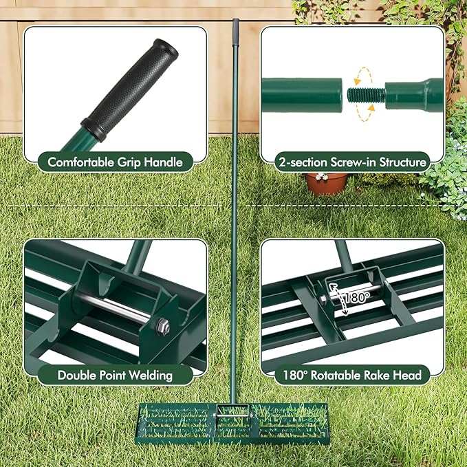 Happygrill Lawn Leveling Rake, Heavy Duty Lawn Level Tool for Soil w/67” Handle, Dirt Ground Leveler, Effort-Saving Landscape Rake for Garden, Backyard, Golf Course, Farm, Pasture (30" x 10", Green)