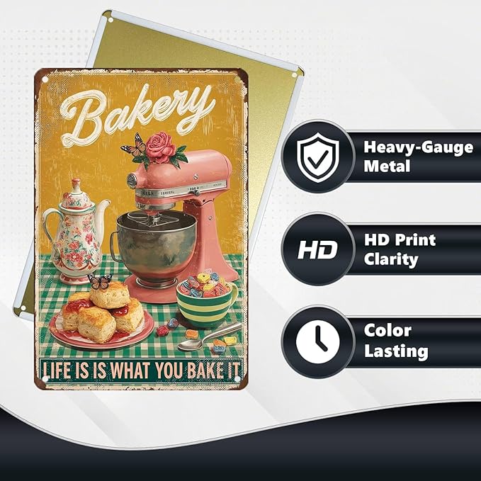 Retro Baking Metal Plaque Life Is What You Bake It Sign Farmhouse Wall Decor Aluminum Tin Sign Bread Pastry Art Kitchen Diner 8x12Inch