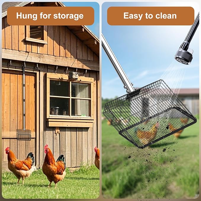 Large Metal Chicken Poop Scooper 10" Wide, Stainless Steel Long Handle (27.9 to 54.7") Heavy Duty Litter Sifting Shovel, Poultry Litter Scooper for Chicken Coops, Sheep Pens and Cat Litter Box