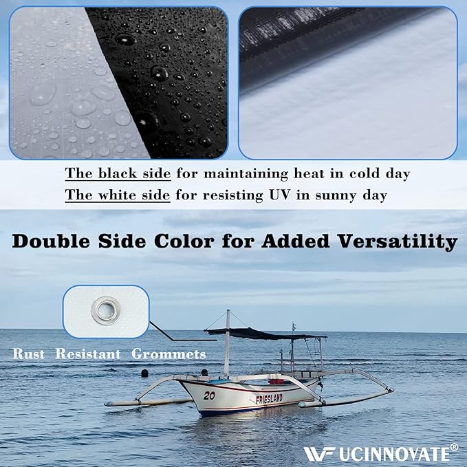 UCINNOVATE Heavy Duty White/Black Plastic Tarp - 10 x 13 FT, 14 Mil Thick Waterproof Tarp for Shed, Canopy, Tent, Boat, RV, Camping, Patio, Porch