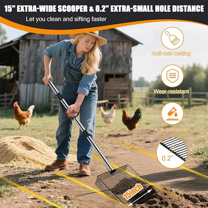 15 inch Large Chicken Poop Scooper with Ergonomic Grip, 6 in 1 Adjustable Chicken Coop Pooper Shovel with (24 to 79"), Heavy Duty Litter Sifting Shovel for Chicken Coop/Goat Stall/ Stable Cleaning