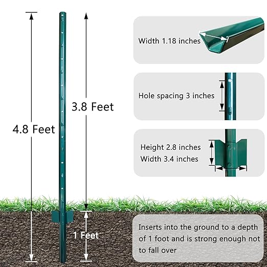 Fence Posts 4.8 Feet, Pack of 10, Metal Fence Poles U Post Sturdy Duty Fence Stakes Step in Post No Dig Fence Post for Garden Wire Fence Steel Sign Post (Fits to 4-ft Fence Mesh)
