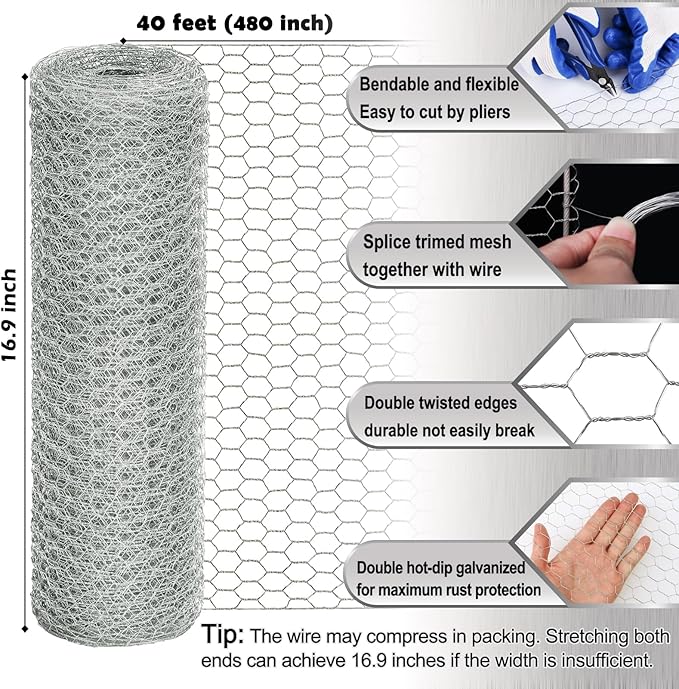 Chicken Wire Fencing Mesh, 16.9 Inch x 40 Feet Metal Floral Chicken Wire Fence for Crafts Poultry Garden, 0.6 Inch Hexagonal Galvanized Hardware Cloth Netting for Chicken Coop Barrier Rabbit Cage