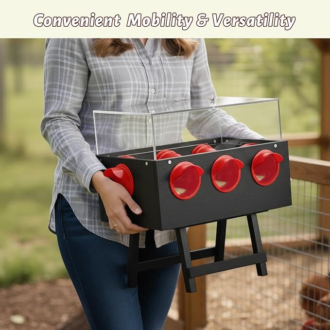 KOL No-Waste Chicken Feeder, 22LB Poultry Feeder with 6 Anti-Spill Ports, Clear-View HIPS & Acrylic Design, Foldable Stand for Hens and Chicks – Automatic Gravity-Flow Feeder