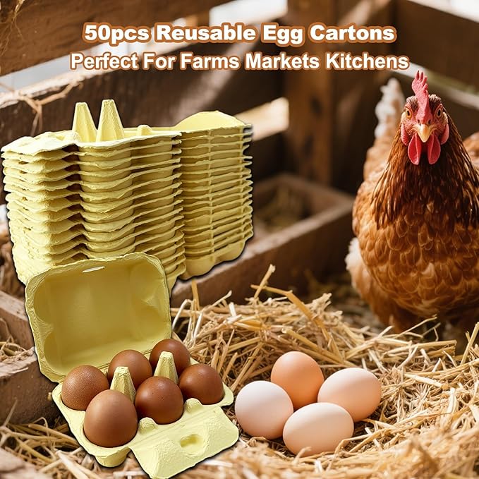 Reusable Egg Cartons, Paper Pulp Material, 50 Pack, Pink Yellow Orange Red Colors, Farm Fresh Eggs Storage Container (Yellow)