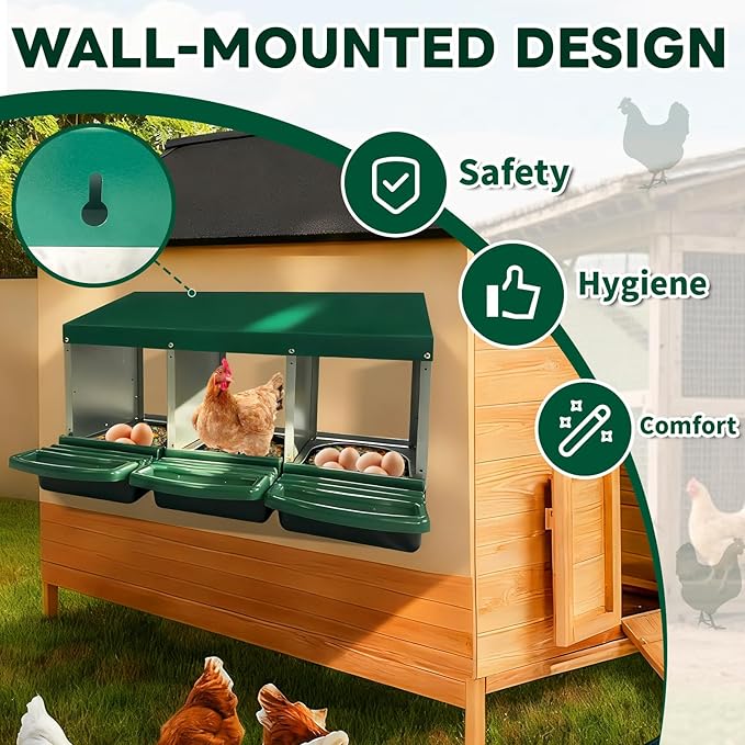 Nesting Boxes for Chickens 3 Holes Chicken Nesting Box Reversible Roll Out for Hens Heavy Duty Metal Chicken Laying Boxes with Egg Collecting on The Back and No Hang Roll Away Nesting Box Design