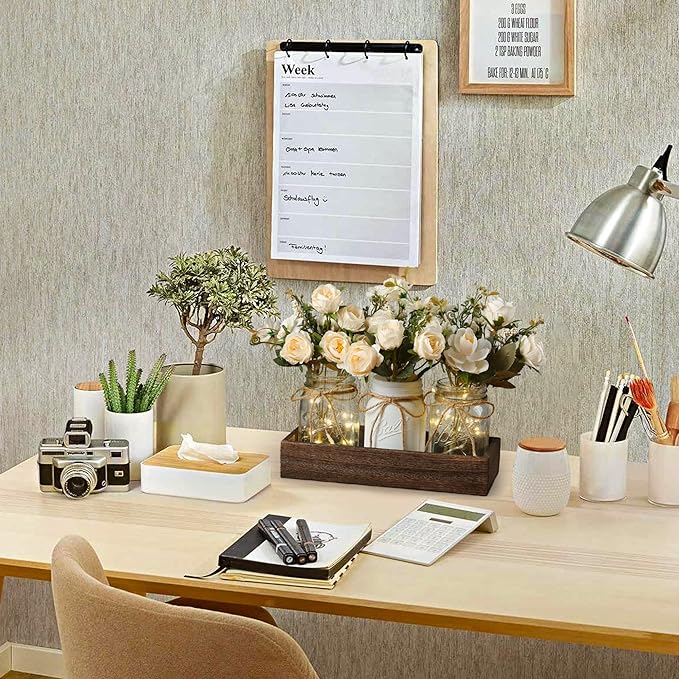3 Pcs Mason Jar Centerpiece Table Decorations for Dining Table Decor Farmhouse Coffee Table Decor with Wood Tray and Led Light Table Centerpieces for Dining room Kitchen Living Bathroom,White