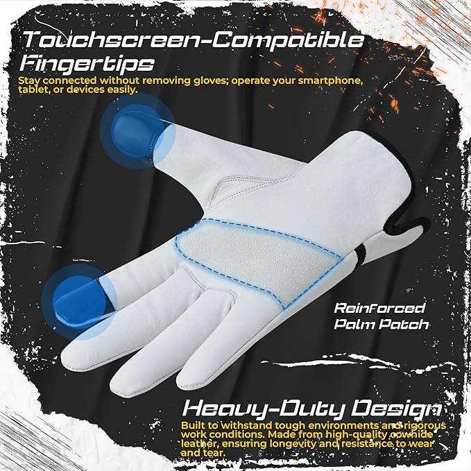 1 Pair Heavy Duty Leather Work Gloves for Men & Women – Touchscreen Use, Cowhide Construction & Yard Leather Gloves – Puncture Resistant Safety Gloves for Landscaping & Outdoor Use (XXL)