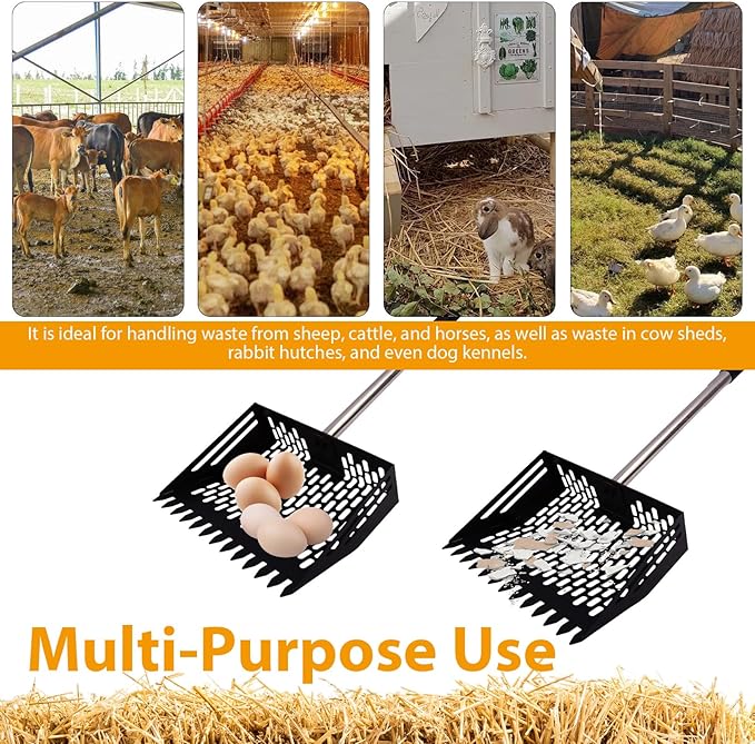 Chicken Poop Scooper & Rake,Metal Coop Scoop for Poop Sand with 35" to 62" Adjustable Stainless Steel Handle,Cleaning Supplies for Chicken Coops & Animals House