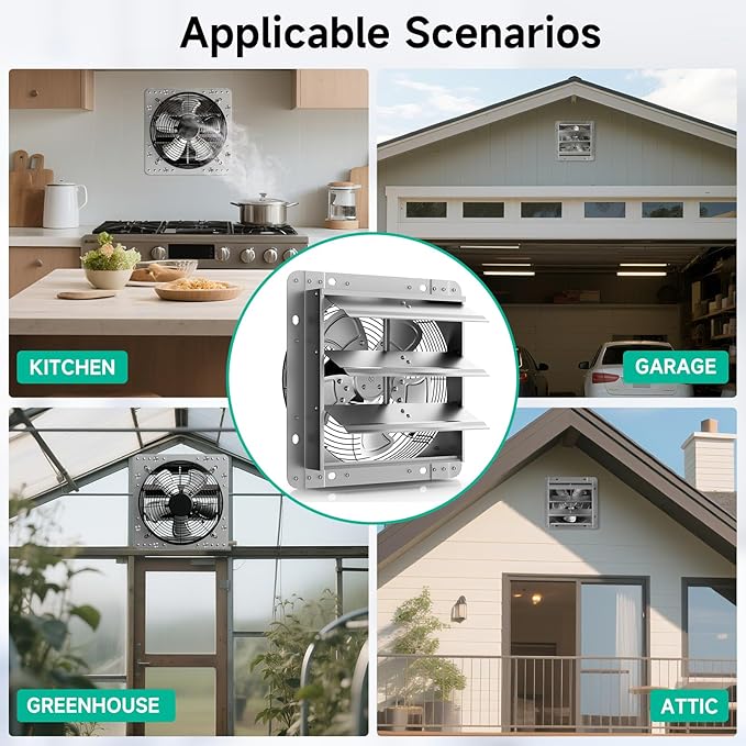 12 Inch Shutter Exhaust Fan，Automatic Shutter with ON/OFF Switch, 1430 CFM High-Speed Vent Fan, 1400 RPM Wall Mounted Attic Fan for Shed, Garage, Greenhouse Ventilation