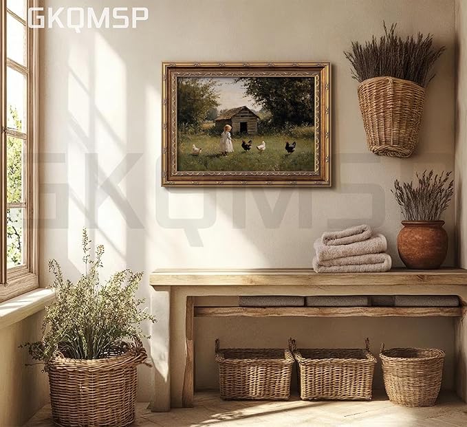 Vintage Gold Framed Farmhouse Chicken Wall Art Retro Country Farm Girl and Chicken Canvas Wall Decor Retro Rustic Poster Artwork Farmhouse Animal Picture for Home Living Bedroom 16x24in