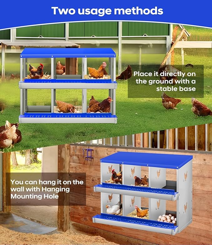 Removable Tray & Egg Protection - Metal Chicken Nesting Box for Small Animals - 6 Compartments, Wall Mounted, Easy Egg Collection, No Legs - Blue, 6 Compartments, No Legs