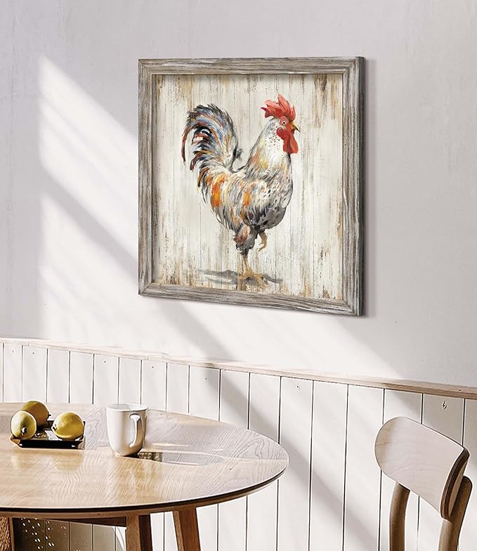 Rustic Farmhouse Wall Art Decor: Rooster Chicken Wood Picture Farm Animal Framed Artwork Painting Kitchen Country Countryside Print Decorations for Home Bedroom Dining Room 24 x 24 Inches