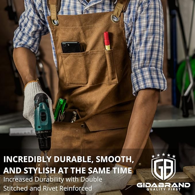 Woodworking Shop Aprons for Men and Women | 16 oz Durable Waxed Canvas Work Apron with Pockets | Cross-Back Straps | Adjustable Tool Apron Up To XXL | Gift for Woodworker - Bring a Smile to Their Face