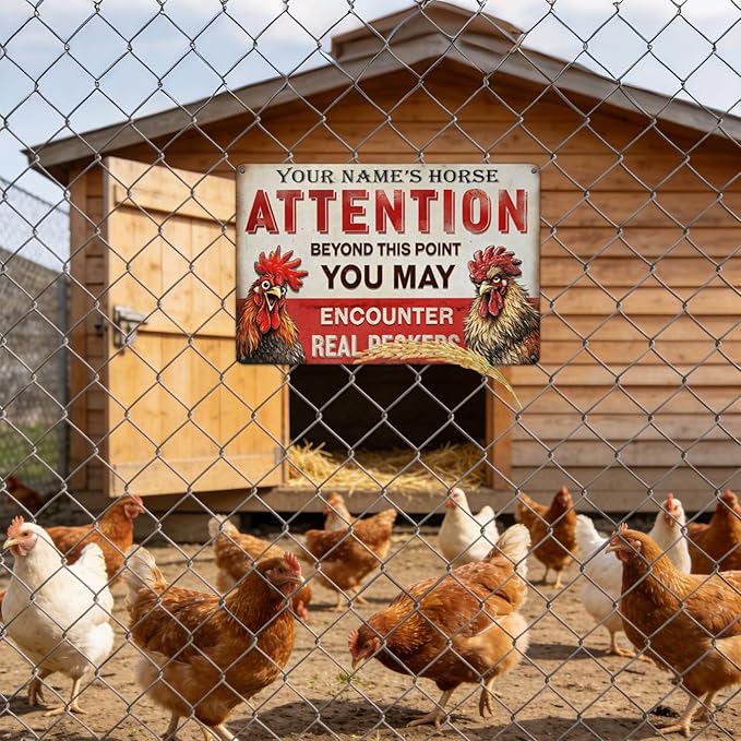 Custom Your Name Chicken Attention Sign Funny Farm Rooster Metal Tin Plaque Vintage Rustic Wall Decor for Backyard Barn