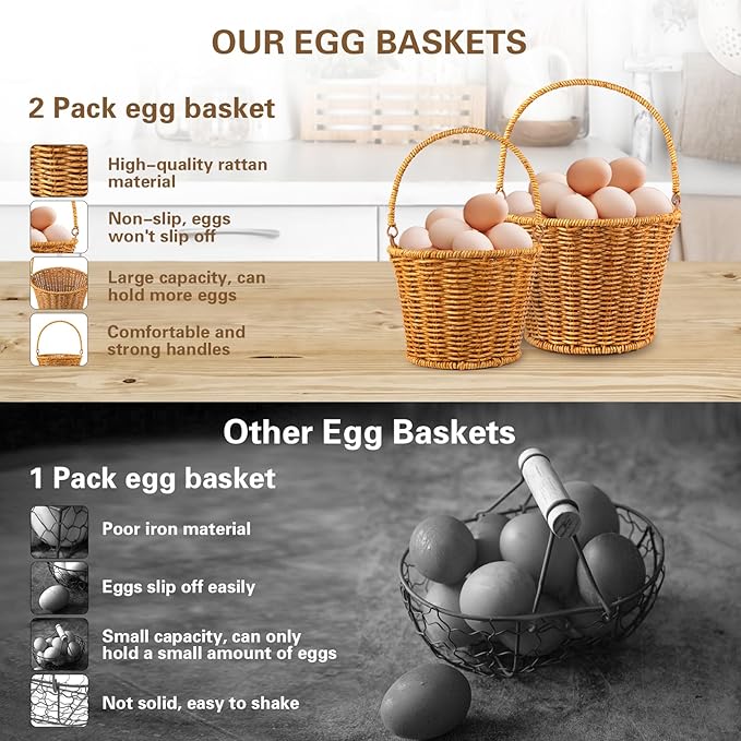 Farmhouse Rattan Egg Baskets for Gathering Fresh Eggs with Handle, 2 Pcs Handmade Egg Collecting Basket Vintage Style Fresh Egg Holder Countertop for Kitchen Storage Container Holder