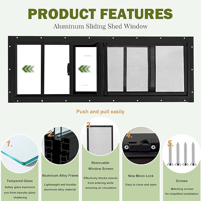 2 Pack Shed Windows, 10"x 18" Black Sliding Window Suitable for Chicken Coop, shed, Household, Barn - Transom Window with Tempered Glass and Fiberglass Screen (BK,10''x 18'')