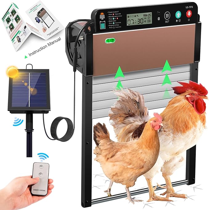 Automatic Chicken Coop Door Solar Powered, Anti-Trap Chicken Door with LCD Screen, Light Sensor, Timer, Remote Control, Anti-Pinch Design,for Chicken, Duck, Goose Farms